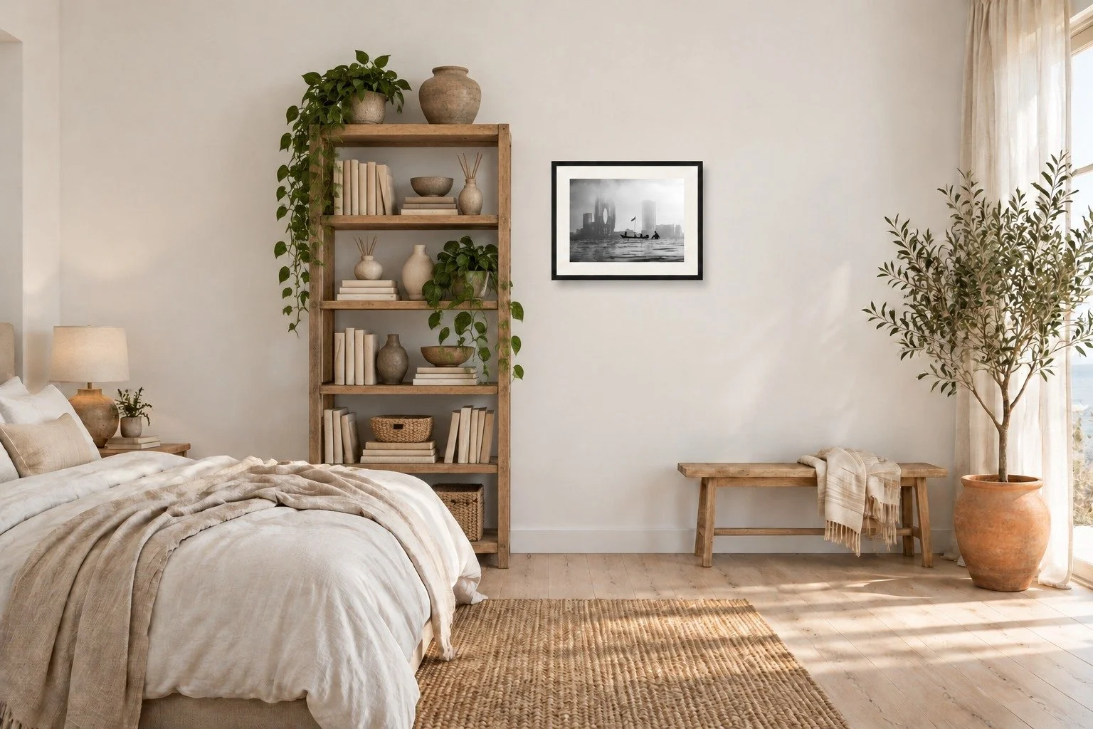 Room mockup of the El Pirata black and white print by Dom Stone framed on a living room wall