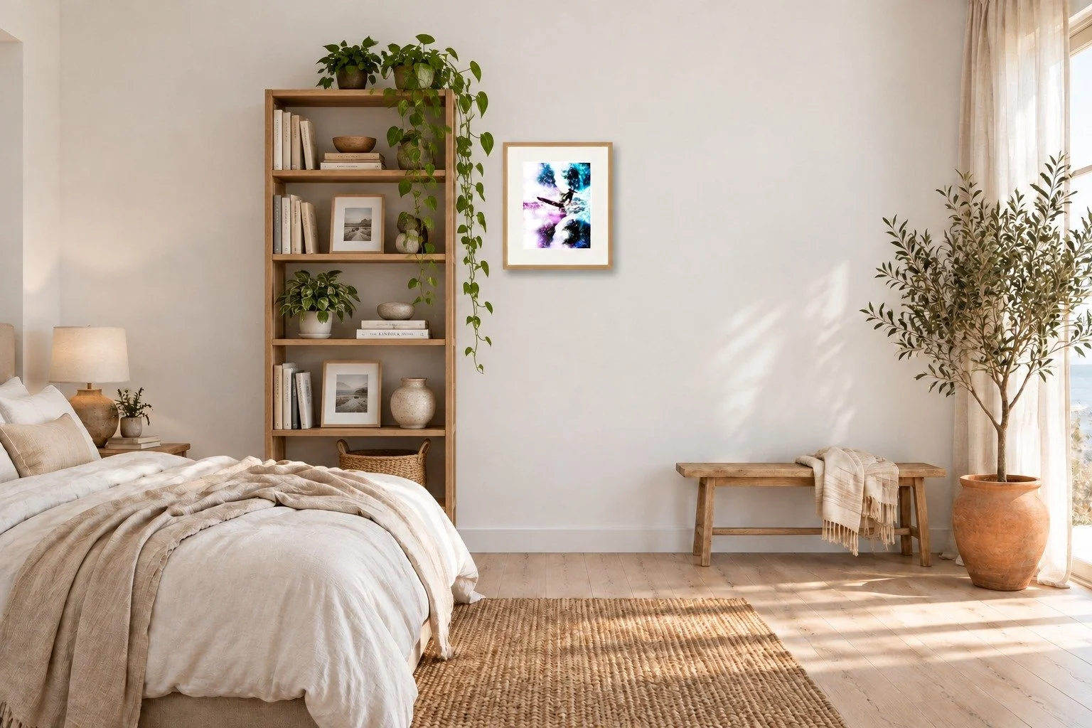 Room mockup of the Liquid Galaxy surf art print by Dom Stone framed on a living room wall