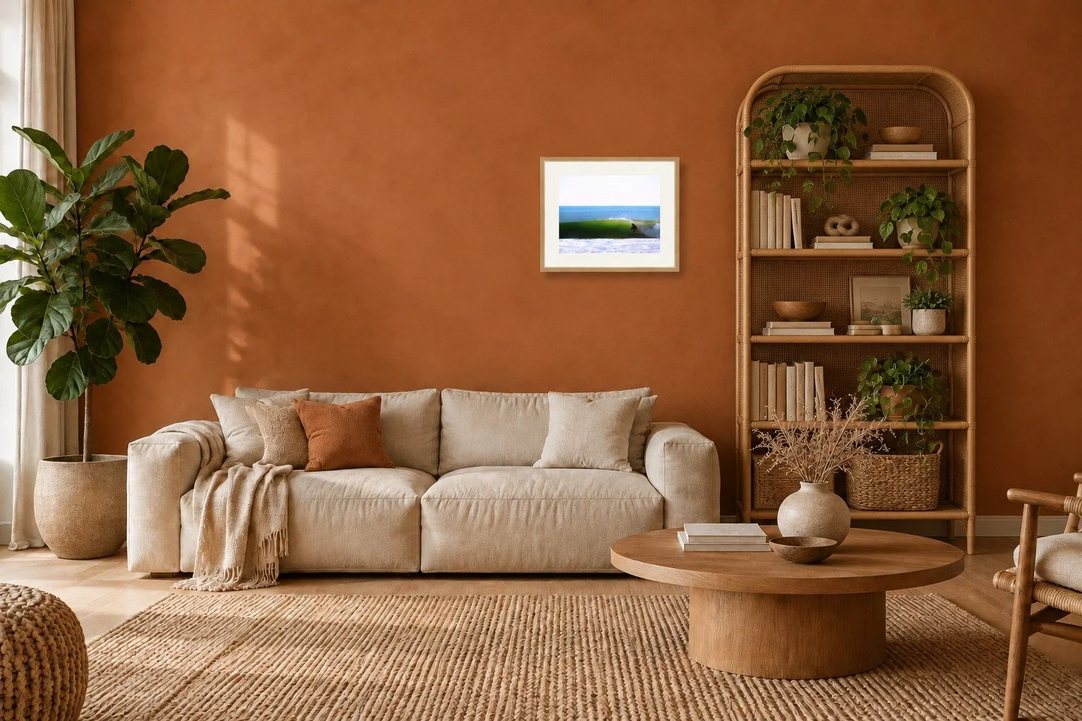 Room mockup of the Cozy surf barrel print by Dom Stone framed on a living room wall