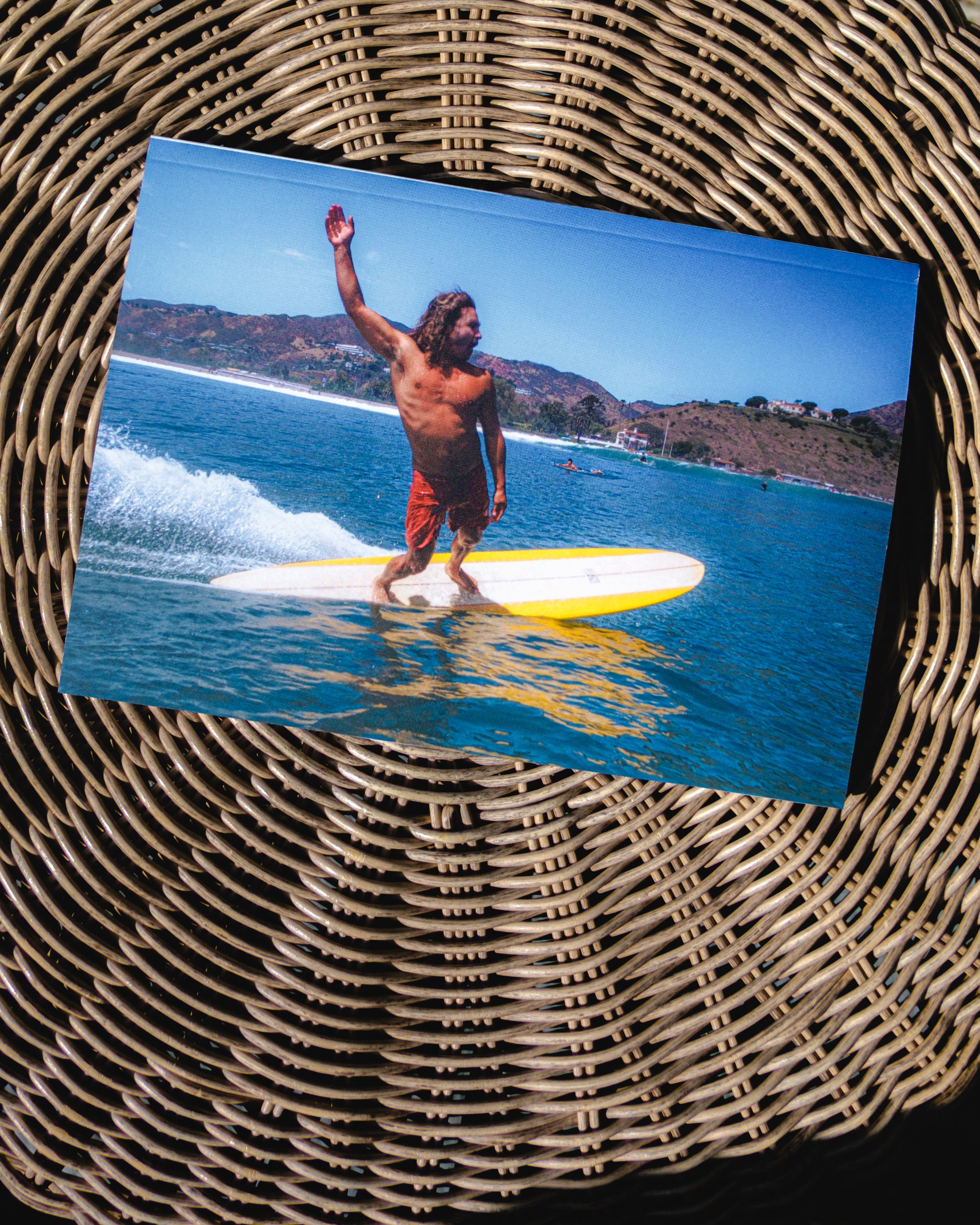 Back cover of Swell Report on wicker, showing a surfer balancing on a yellow board.