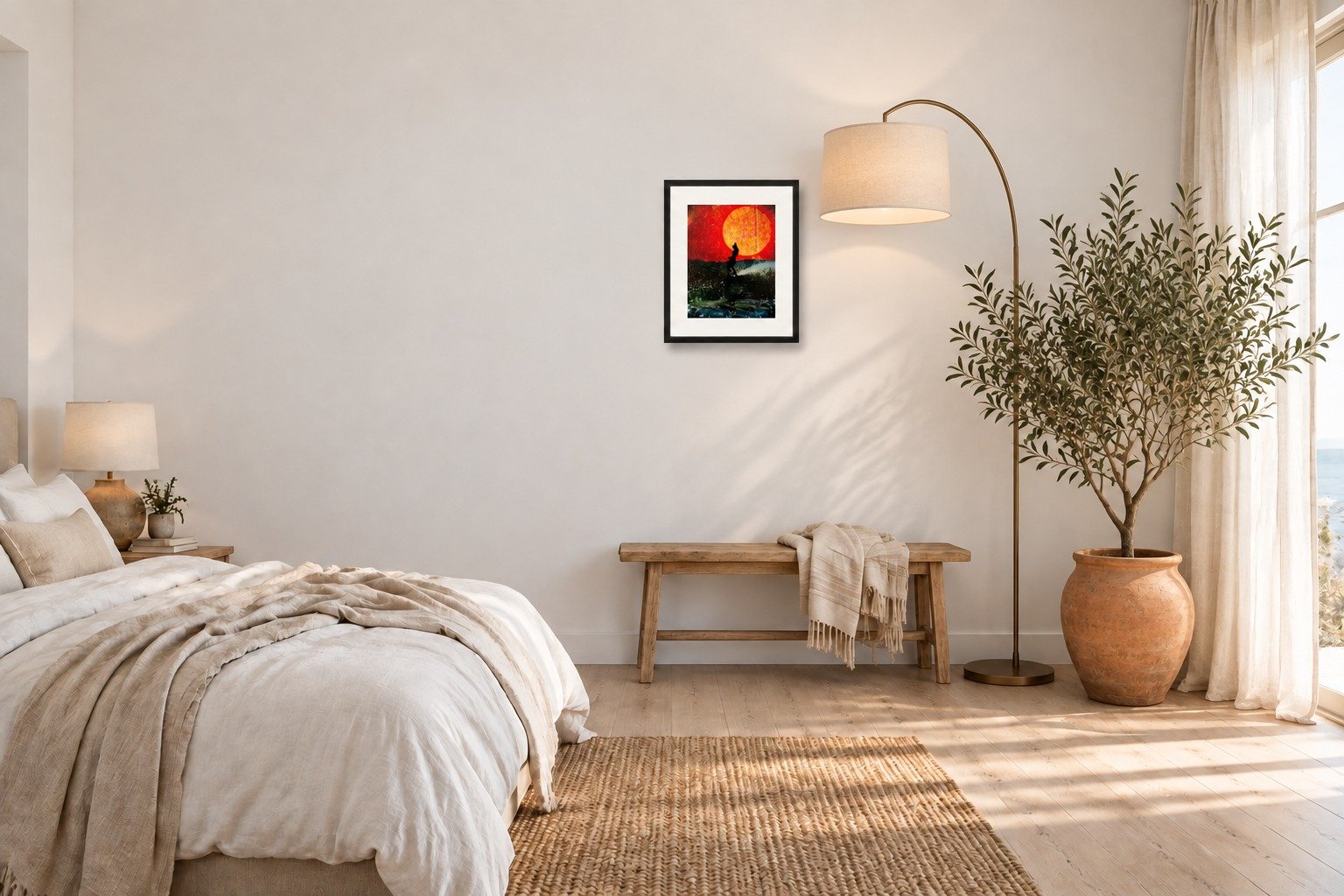 Room mockup of the Soleil sun and surfer print by Dom Stone framed on a living room wall
