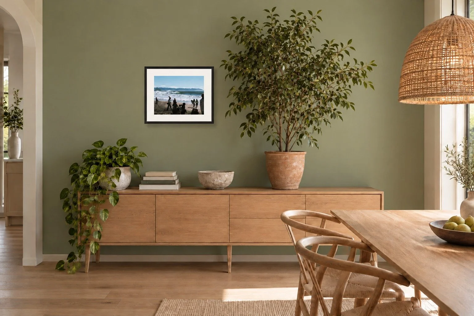 Room mockup of The Gathering Place Cayucos beach print by Dom Stone framed on a living room wall