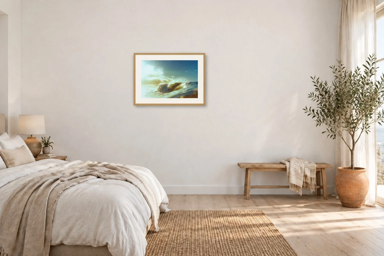 Room mockup of the Blue Dawn sunrise wave print by Dom Stone framed on a living room wall