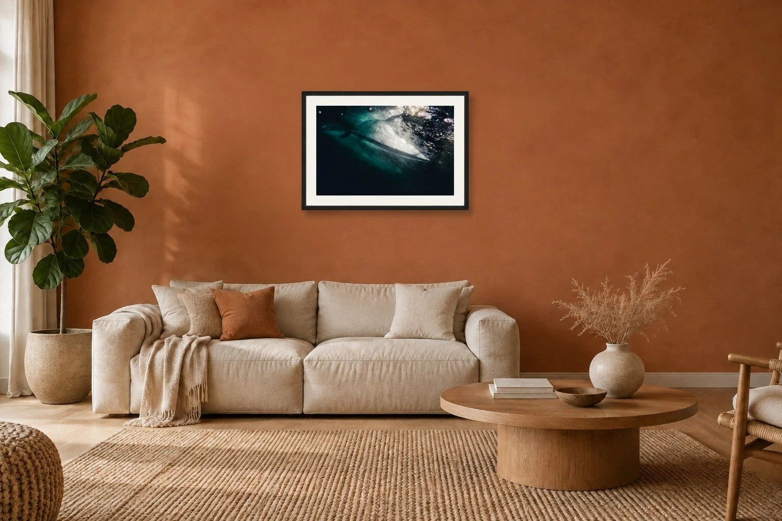 Framed Clarity print hanging on a terracotta wall above a cream sofa, room mockup of the 24x16 fine art print by Dom Stone