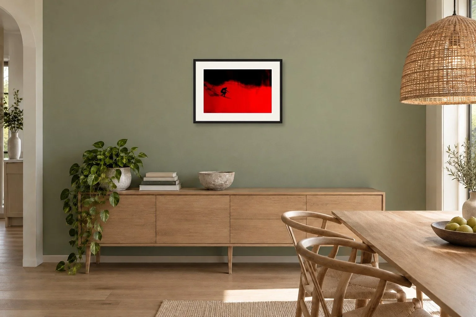 Room mockup of the Magma red surf print by Dom Stone framed on a living room wall