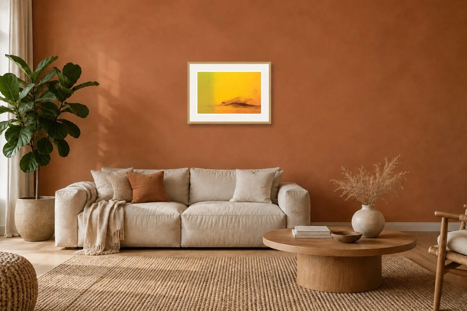 Room mockup of the Goldschlager golden surf print by Dom Stone framed on a living room wall