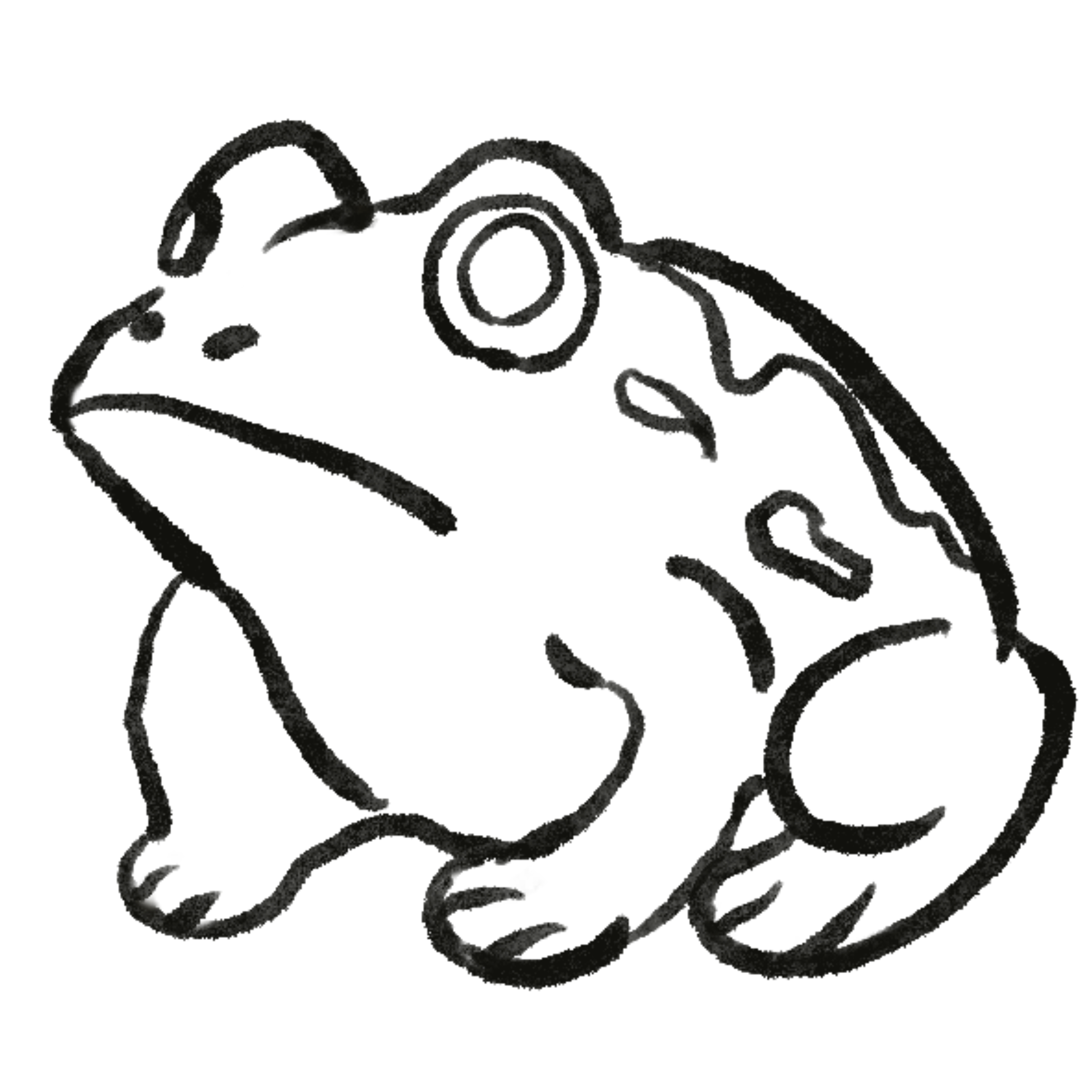 Line drawing of a frog with spots.