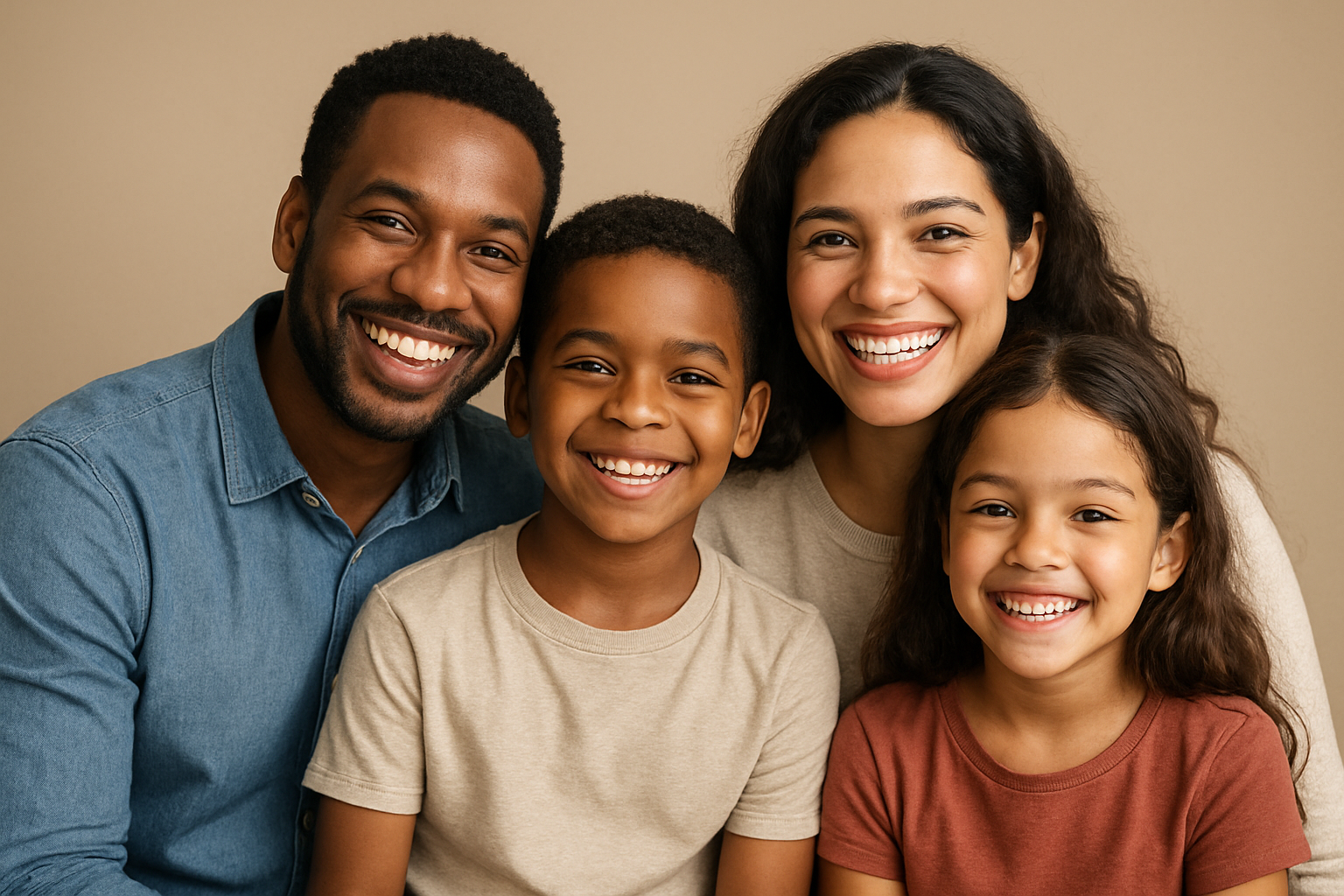 A happy multiracial family of four smiling and posing together against a beige background, including an African-American man, a Caucasian woman, a young African-American boy, and a young mixed-race girl.