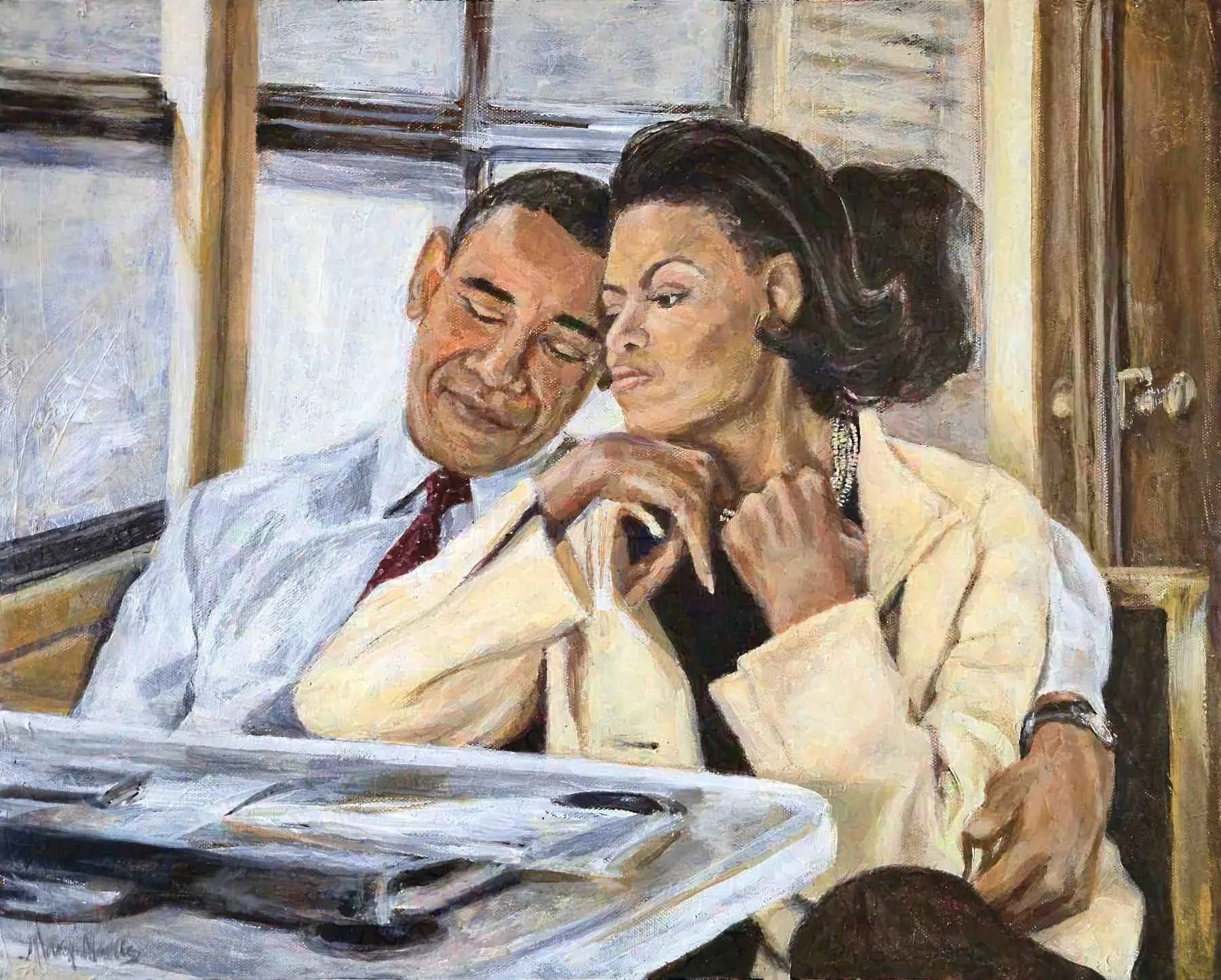 A painting of President Obama and First Lady Michelle Obama embracing one another on a train gazing out of a window.