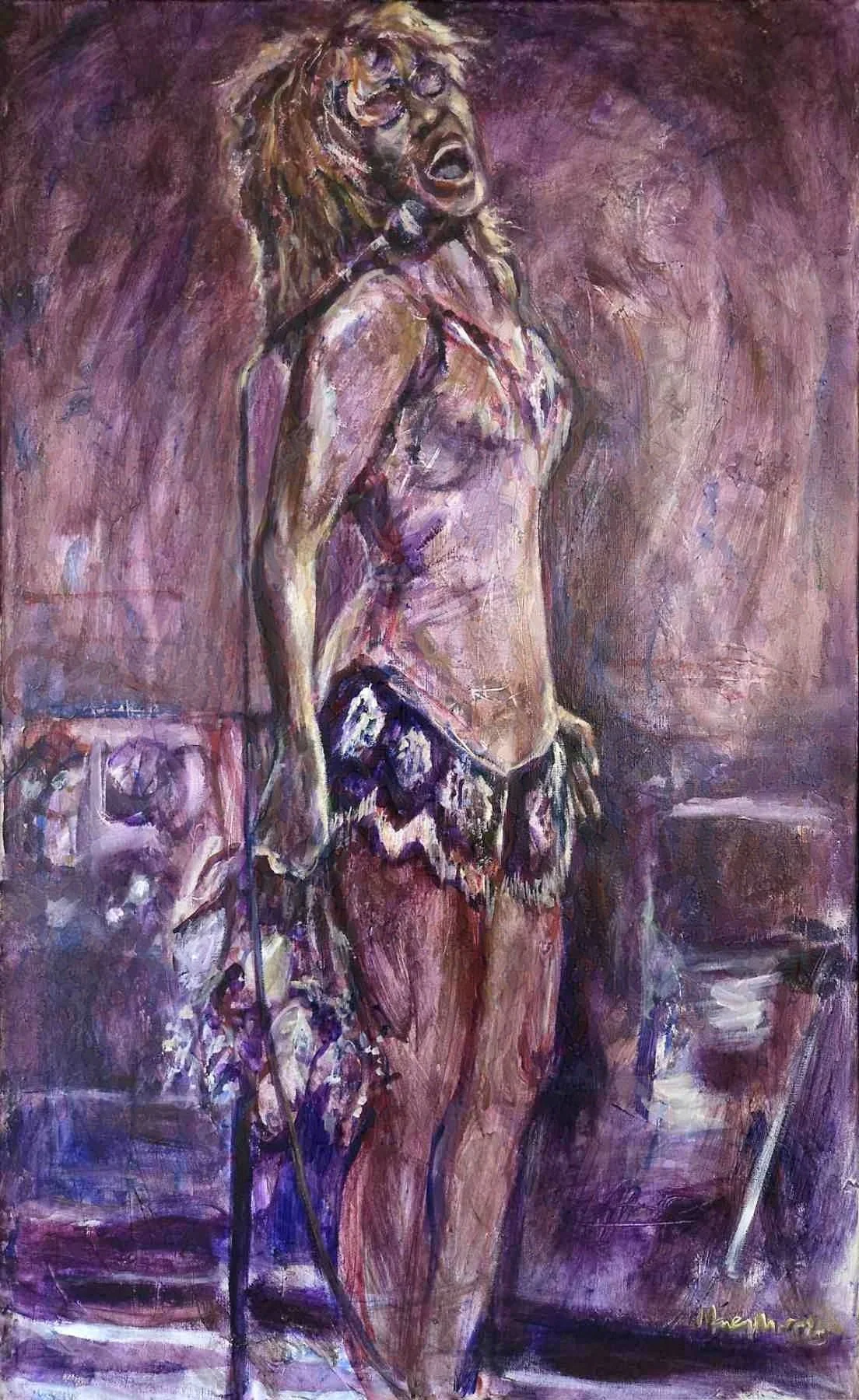 A painting of a female singing in a purple dress against a purple backdrop