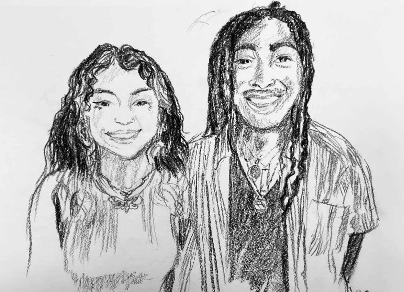 A charcoal sketch of a young woman and young man.