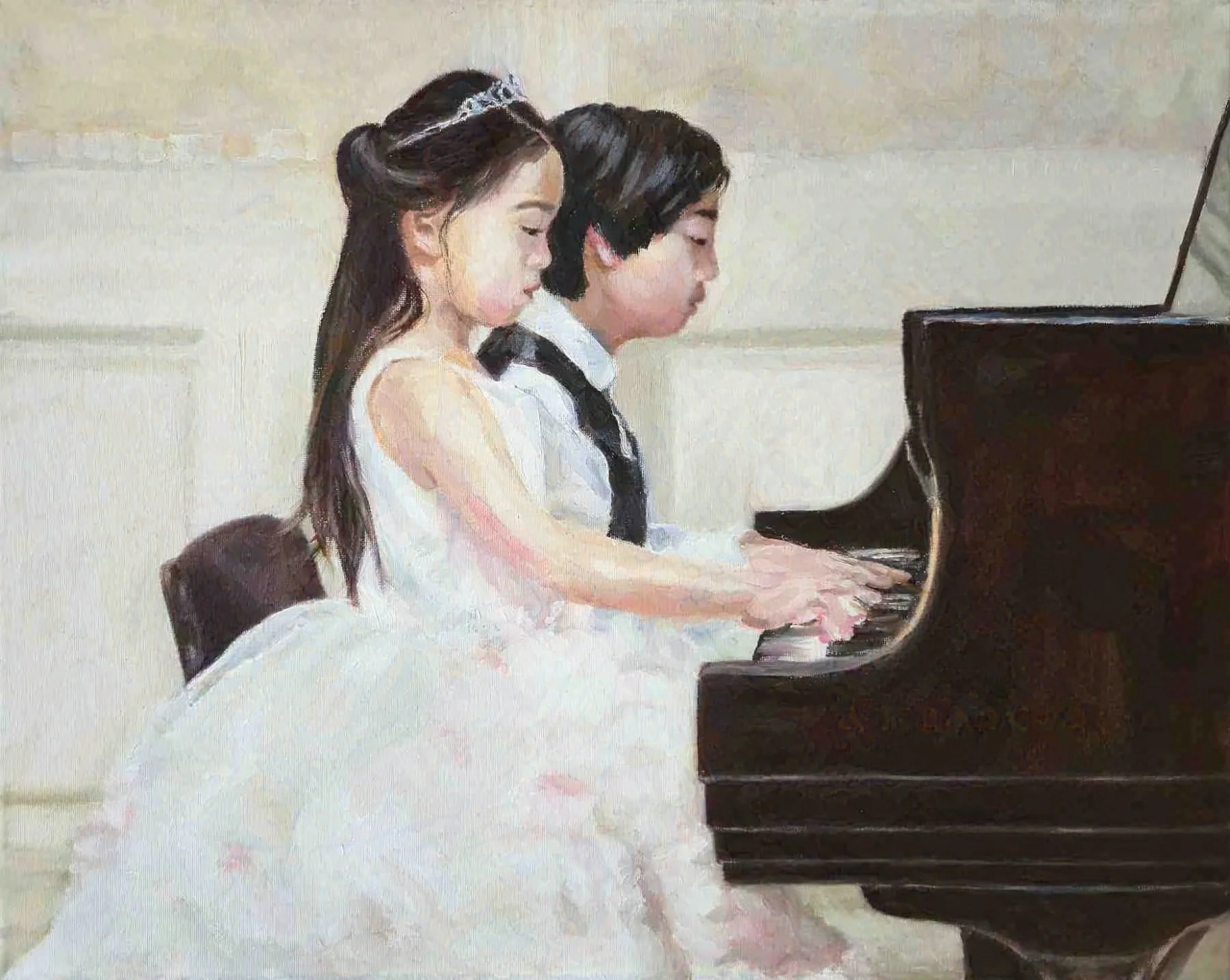 A painting of an Asian girl wearing a white, princess style, fluffy dress and tiara sitting beside her brother playing piano.