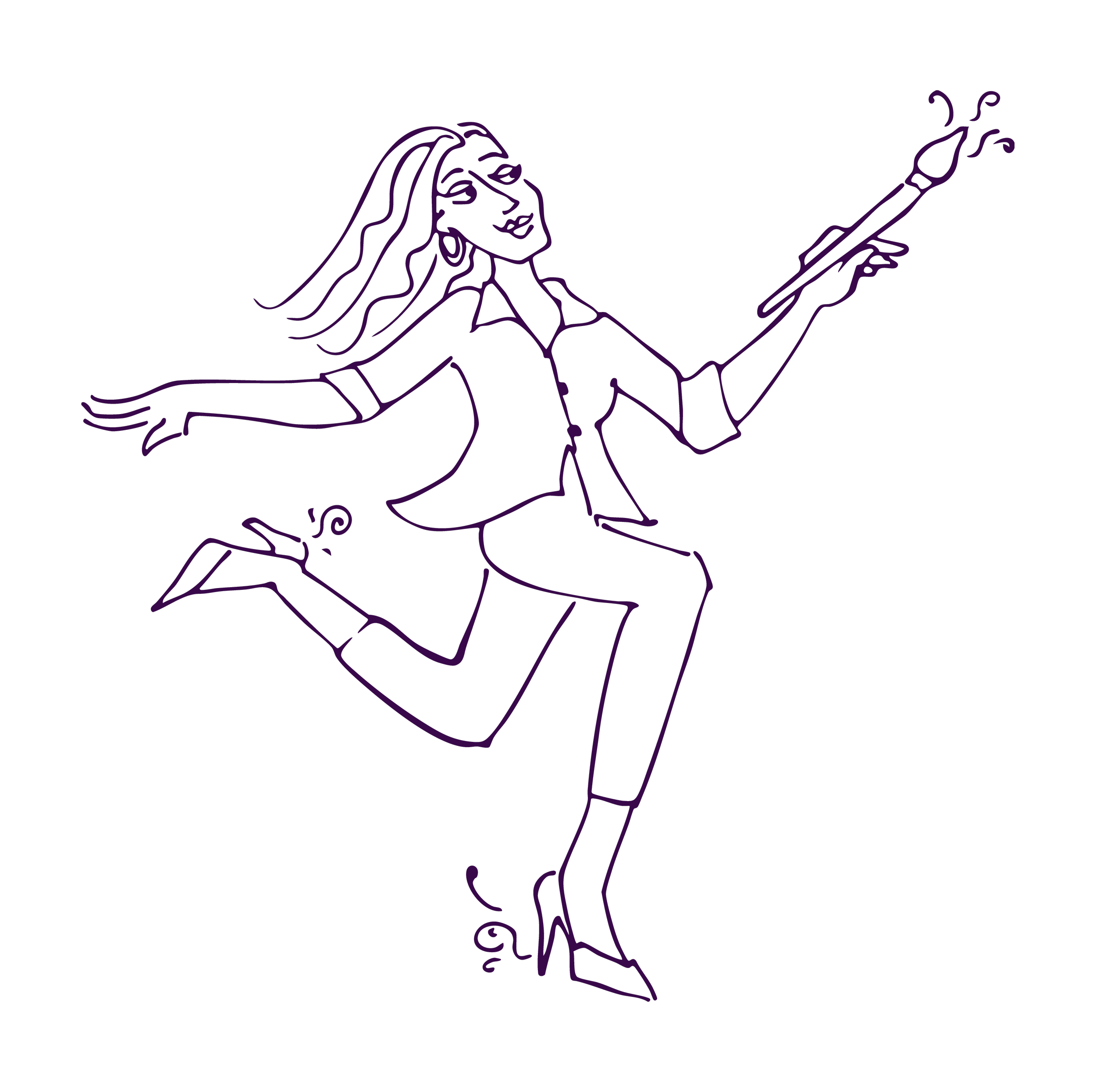 An outline drawing of a woman in a whimsical pose while holding a paint brush