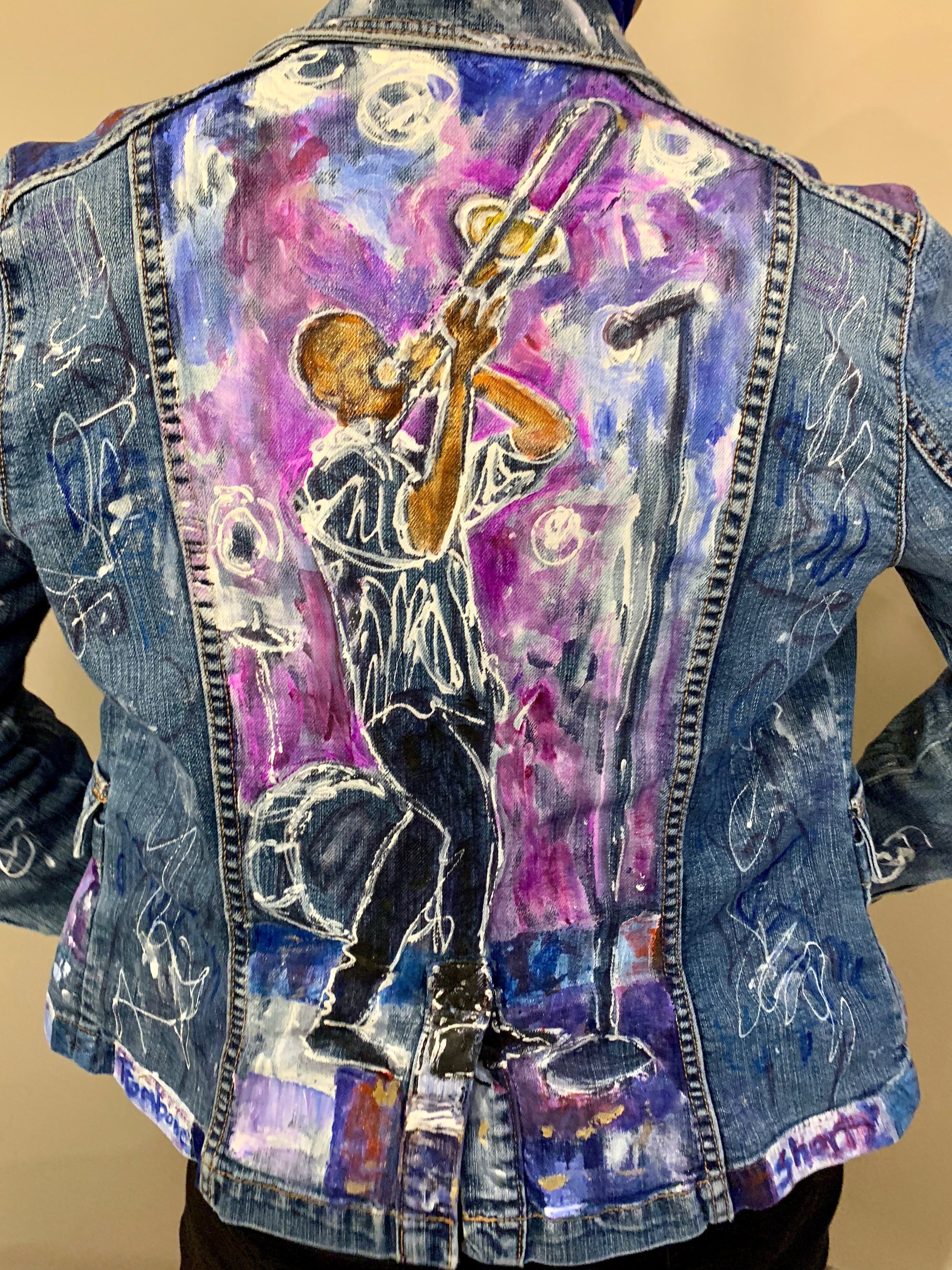 Hand-painted jean jacket jacket trombone player