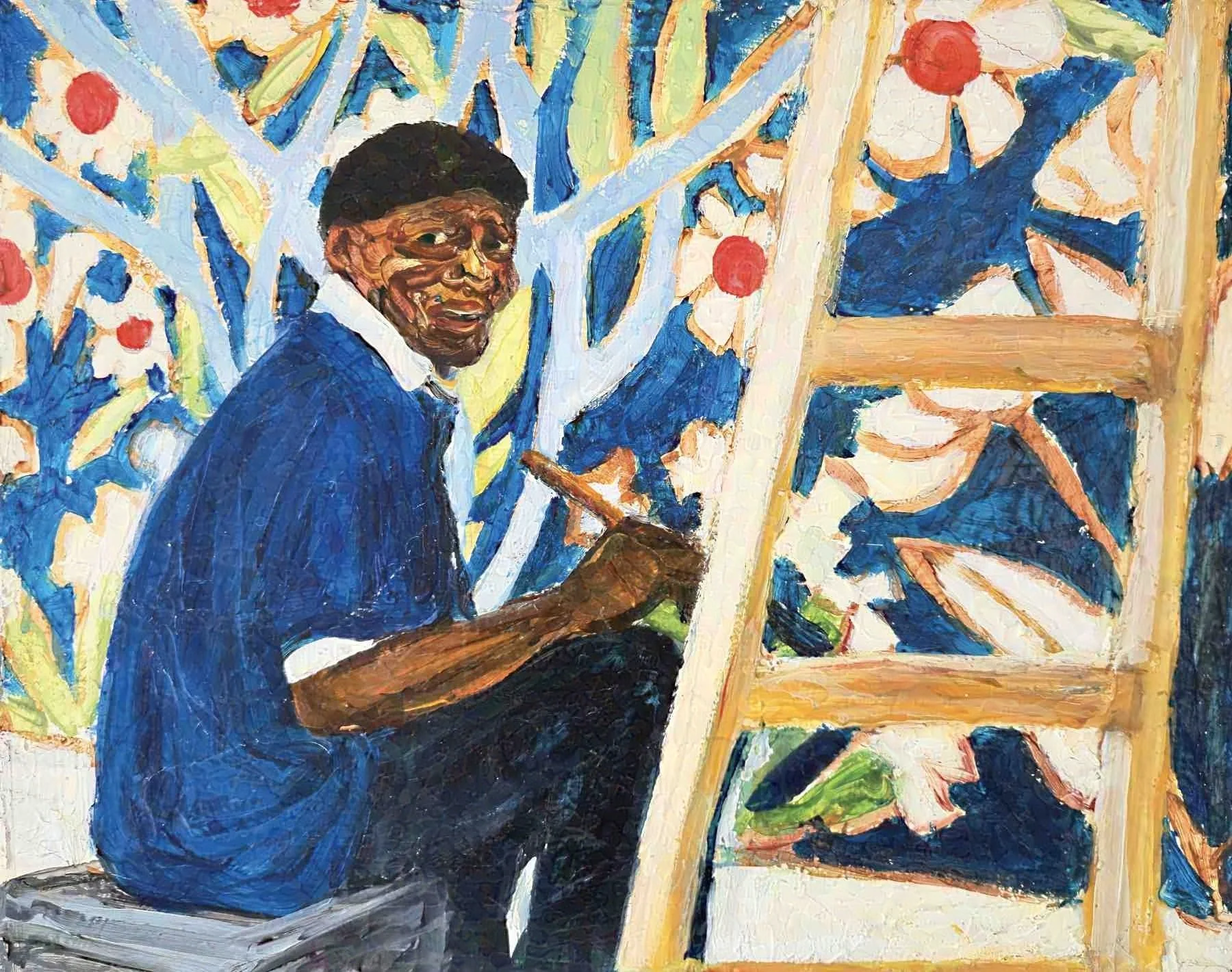 A painting of a Black man wearing a blue white collard shirt sitting in front of a mural of blue with white flowers that he is painting.