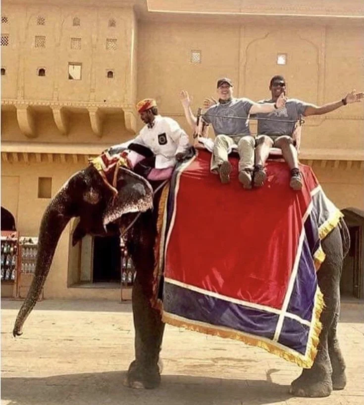 A photo of three men riding the back of an elephant wearing a red covering in a spontaneous pose.