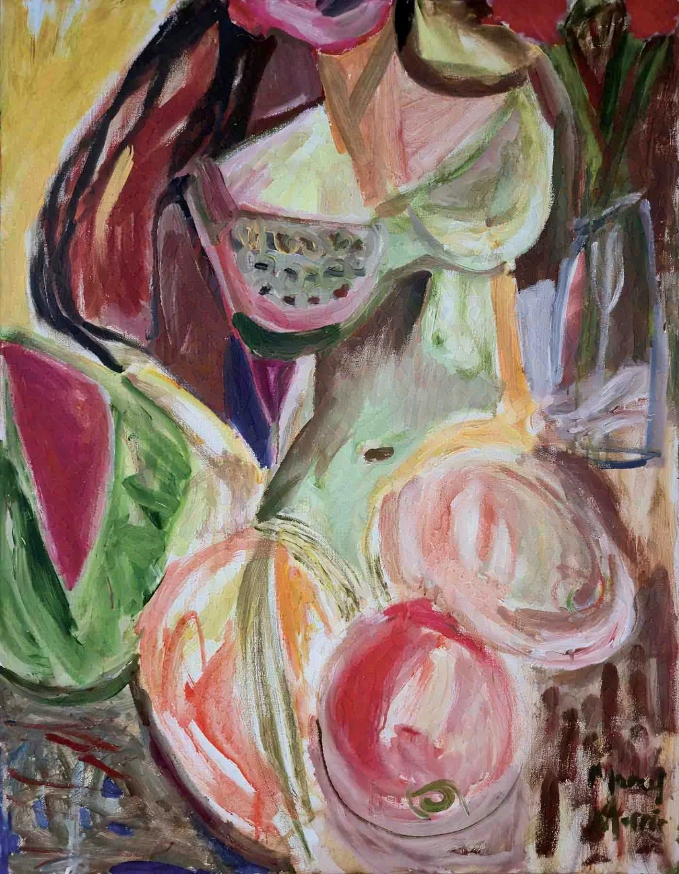 An abstract painting depicting various fruits like mangos, and watermelon.