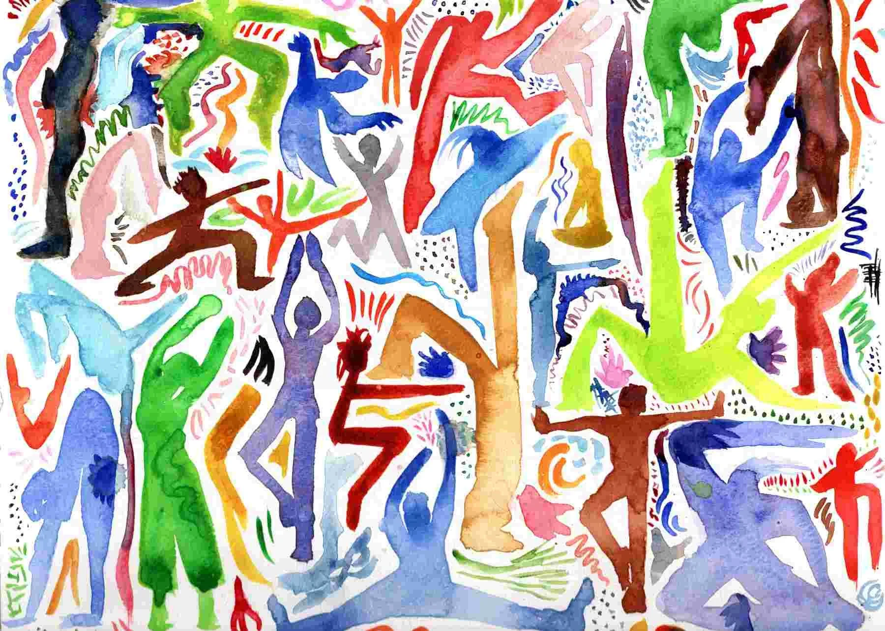 A painting of watercolor people and textures in various yoga poses.