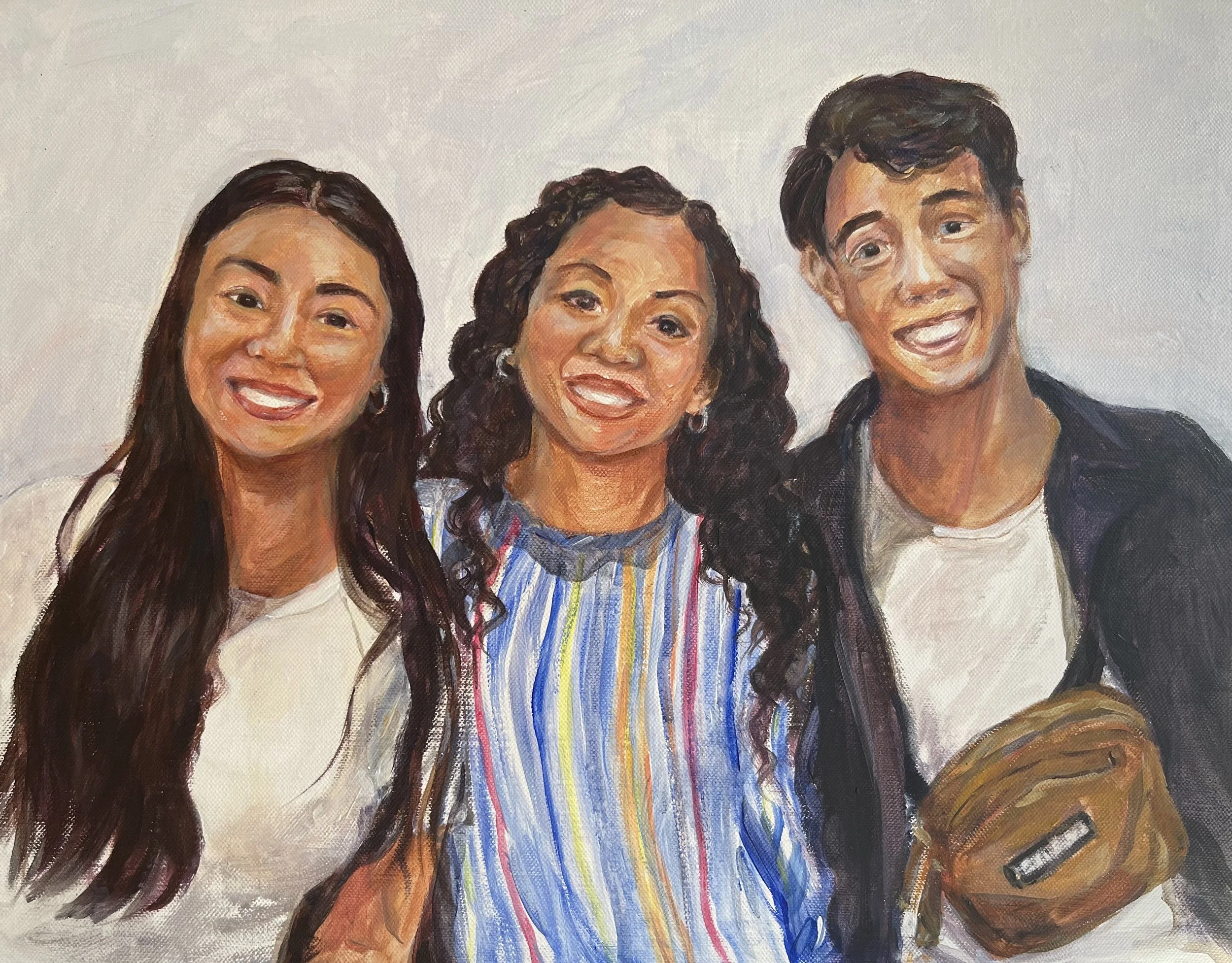 Portrait of two smiling women and one man of diverse ethnicities standing close together, wearing casual clothing, painted in acrylic, and textured style.