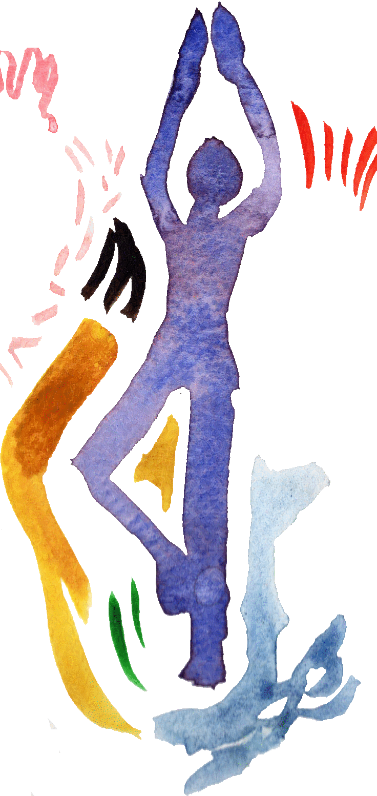 A purple watercolor figure in a yoga pose.
