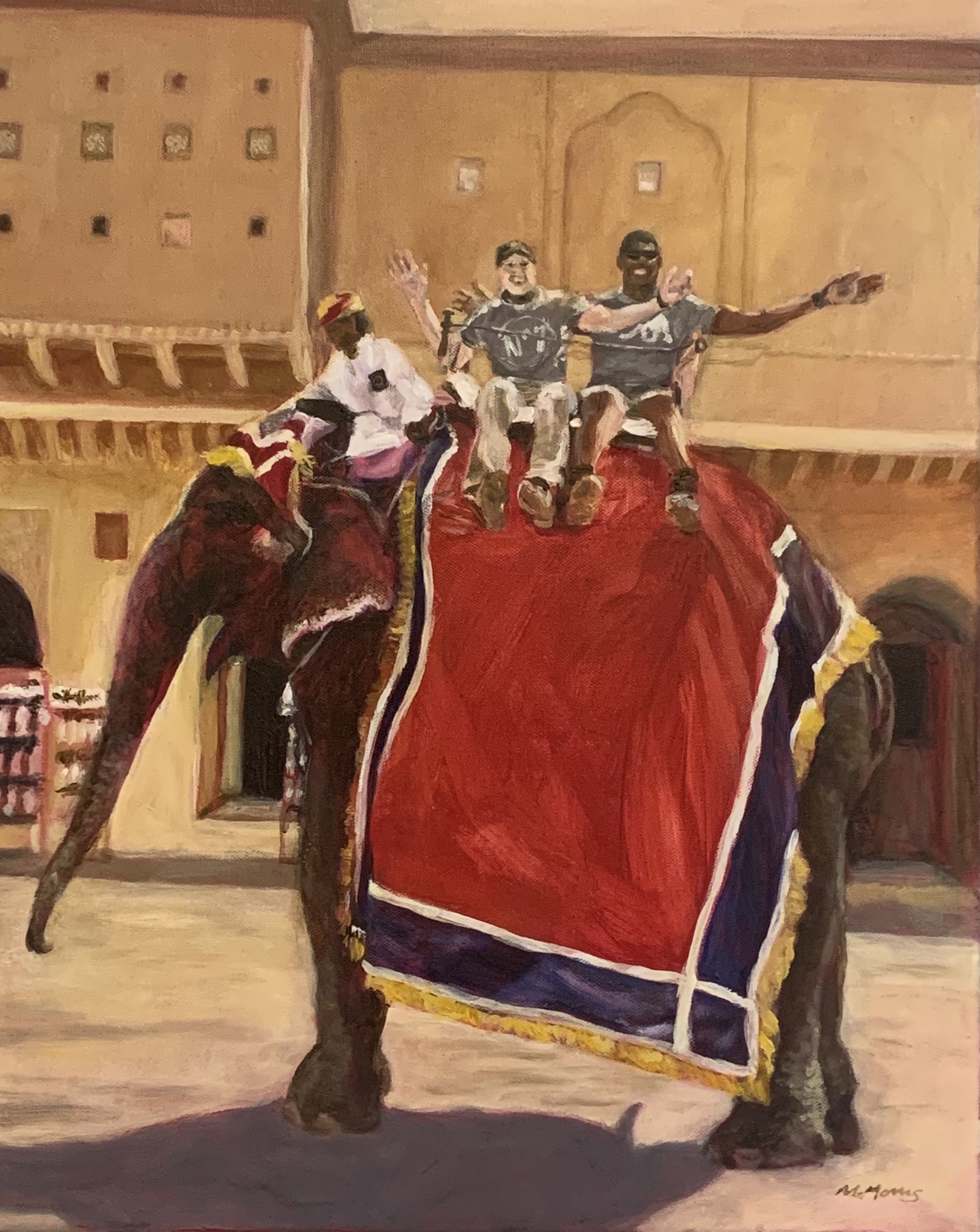 A painting of three men riding the back of an elephant wearing a red covering in a spontaneous pose.