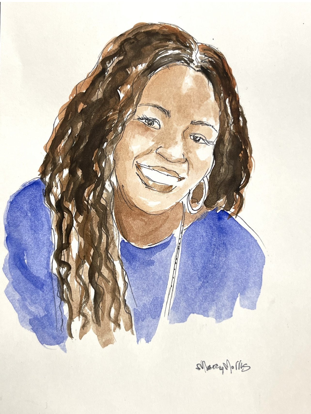 Watercolor portrait of a black woman wearing a deep blue blouse, with brown hair, and a silver hoop earring.