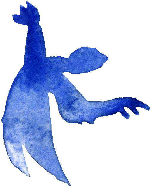 A blue watercolor nondescript person with arms and hands outstretched in a rising pose.