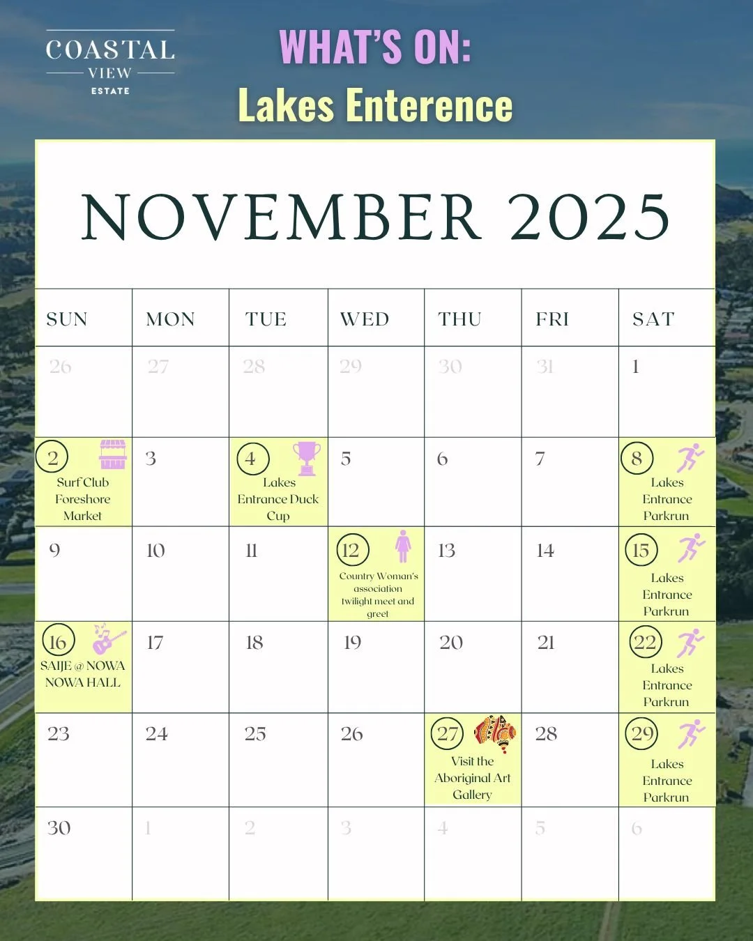 🌊 Save this for your November plans in Lakes Entrance 🌊
 
Here&rsquo;s what&rsquo;s on, all minutes from Coastal View Estate:
Surf Club Foreshore Market: 1st Sun of every month, 9am&ndash;3pm
Duck Cup: 2&ndash;8pm markets and race @ 4pm
CWA Twiligh