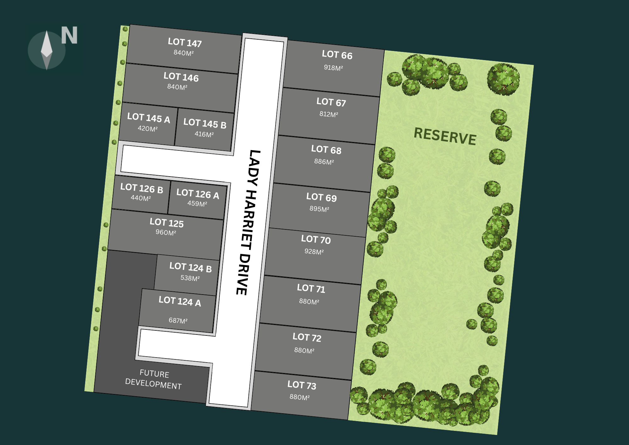 Stage 4 masterplan at Coastal View Estate, Lakes Entrance, showing 17 lots on Lady Harriet Drive beside a reserve, with lot sizes ranging from 416m2 to 918m2.