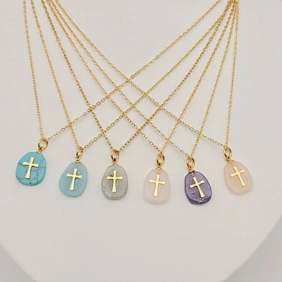 Natural Stone Cross Pendant Necklace