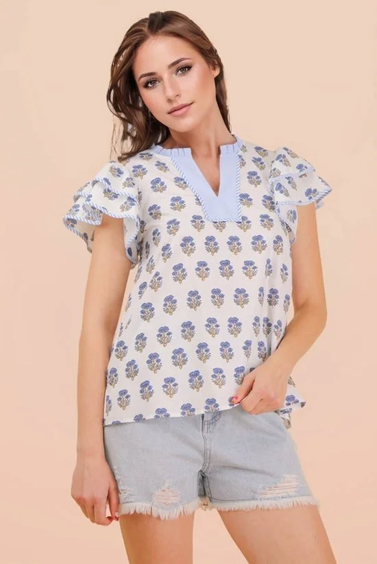 Hydrangea Blue Ruffle Sleeve Blouse