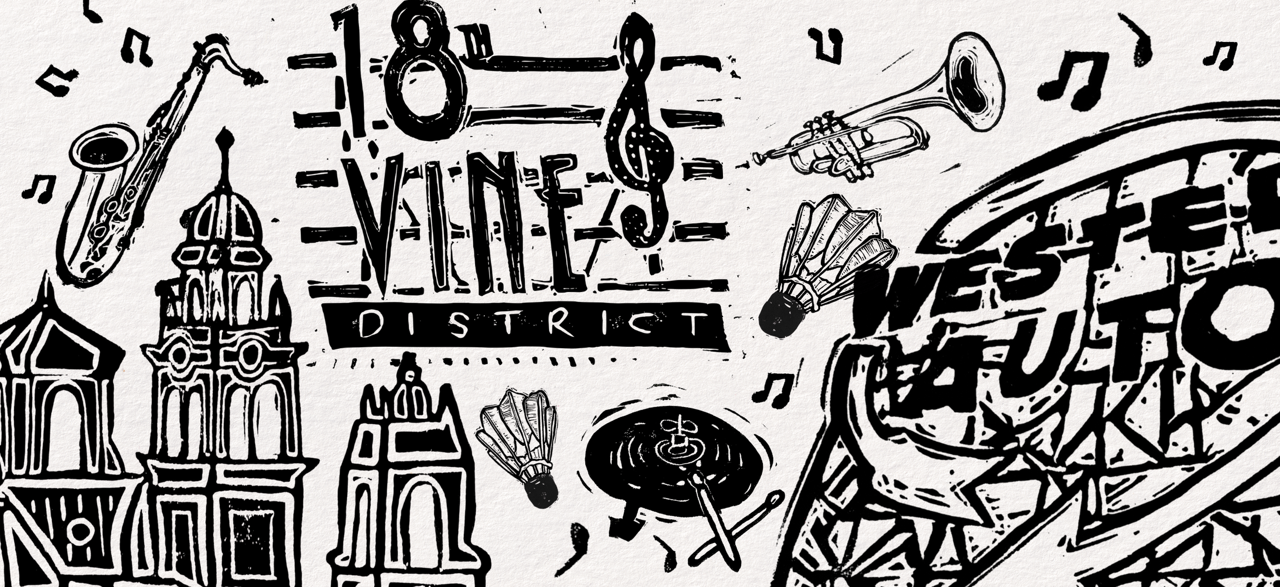 Black and white illustrated mural featuring musical instruments like a saxophone, trumpet, and vibraphone, along with buildings and the words "VINO DISTRICT" and "WEST".