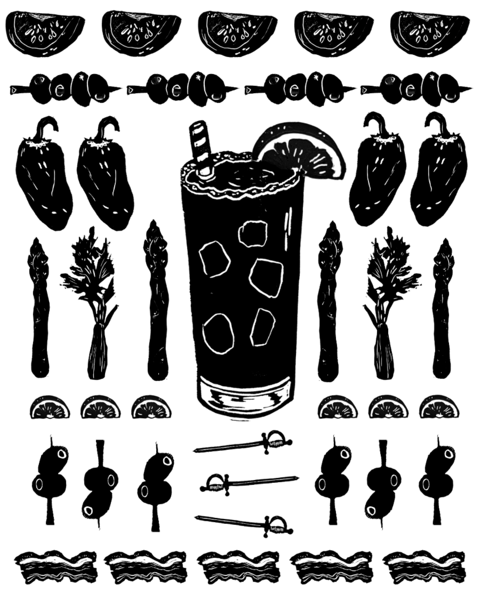 Hand-drawn illustration of a cocktail with a lemon wedge and straw, surrounded by lemon slices, jalapeño peppers, asparagus, olives on skewers, bacon strips, and toothpicks with round items.
