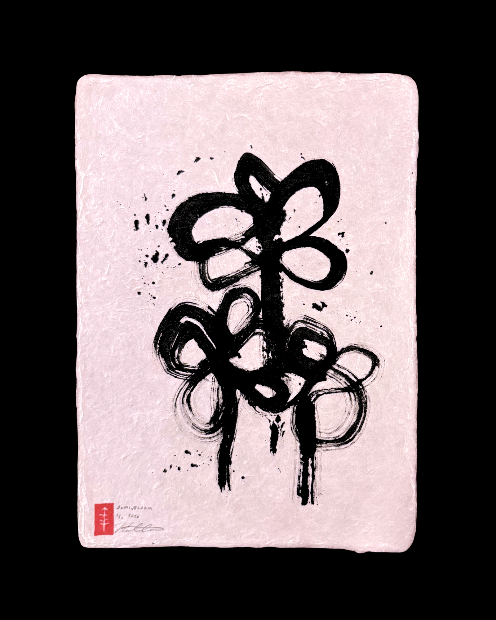 Abstract black ink painting of a flower on pink textured paper with a small red seal at the bottom left corner.