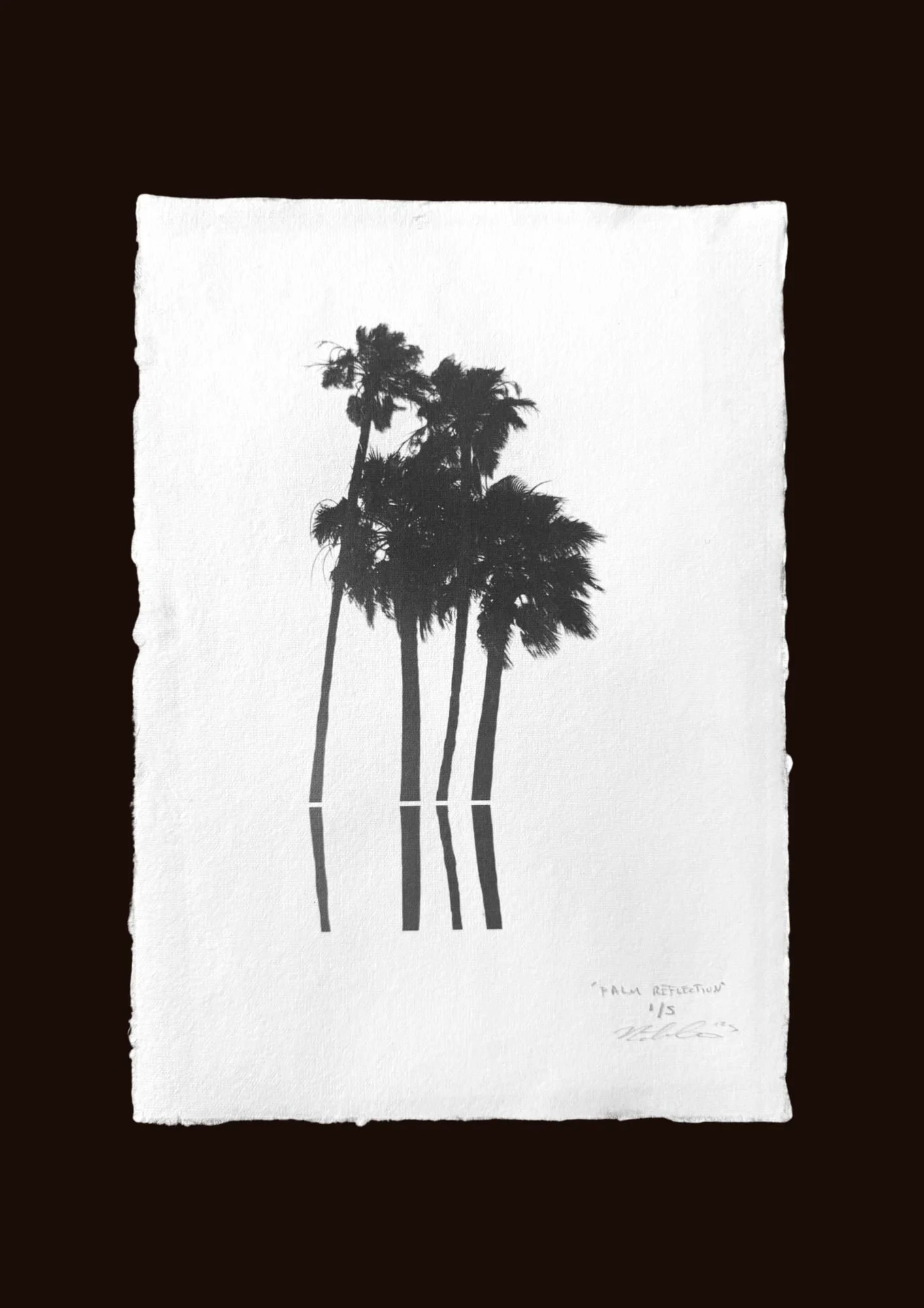 A black and white illustration of tall palm trees with reflections in the water, titled 'Palm Reflection 15'.