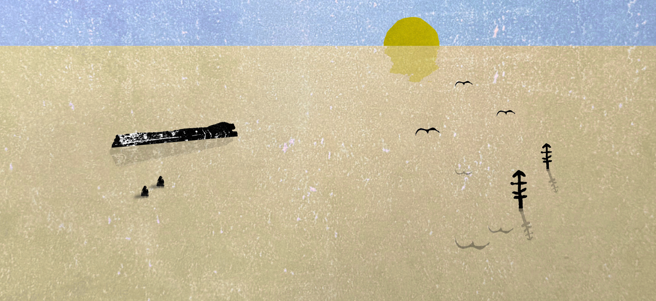 A digital drawing of a beach scene with a yellow sun, blue sky, and sand. There are seagulls flying in the sky, a black boat on the sand, and three structures resembling trees with shadows.