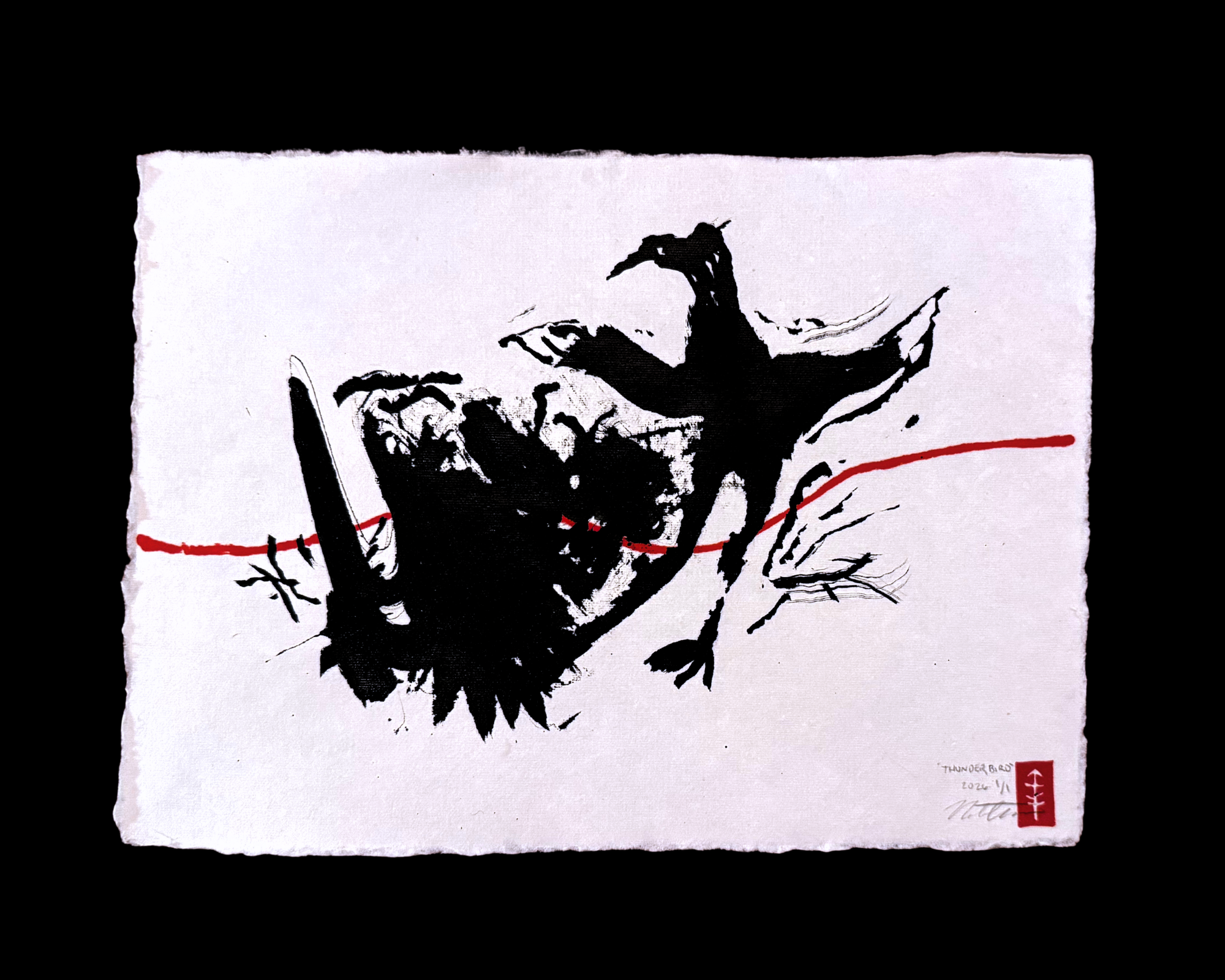 Abstract black ink painting of butterflies on white paper with red accent line and red seal.