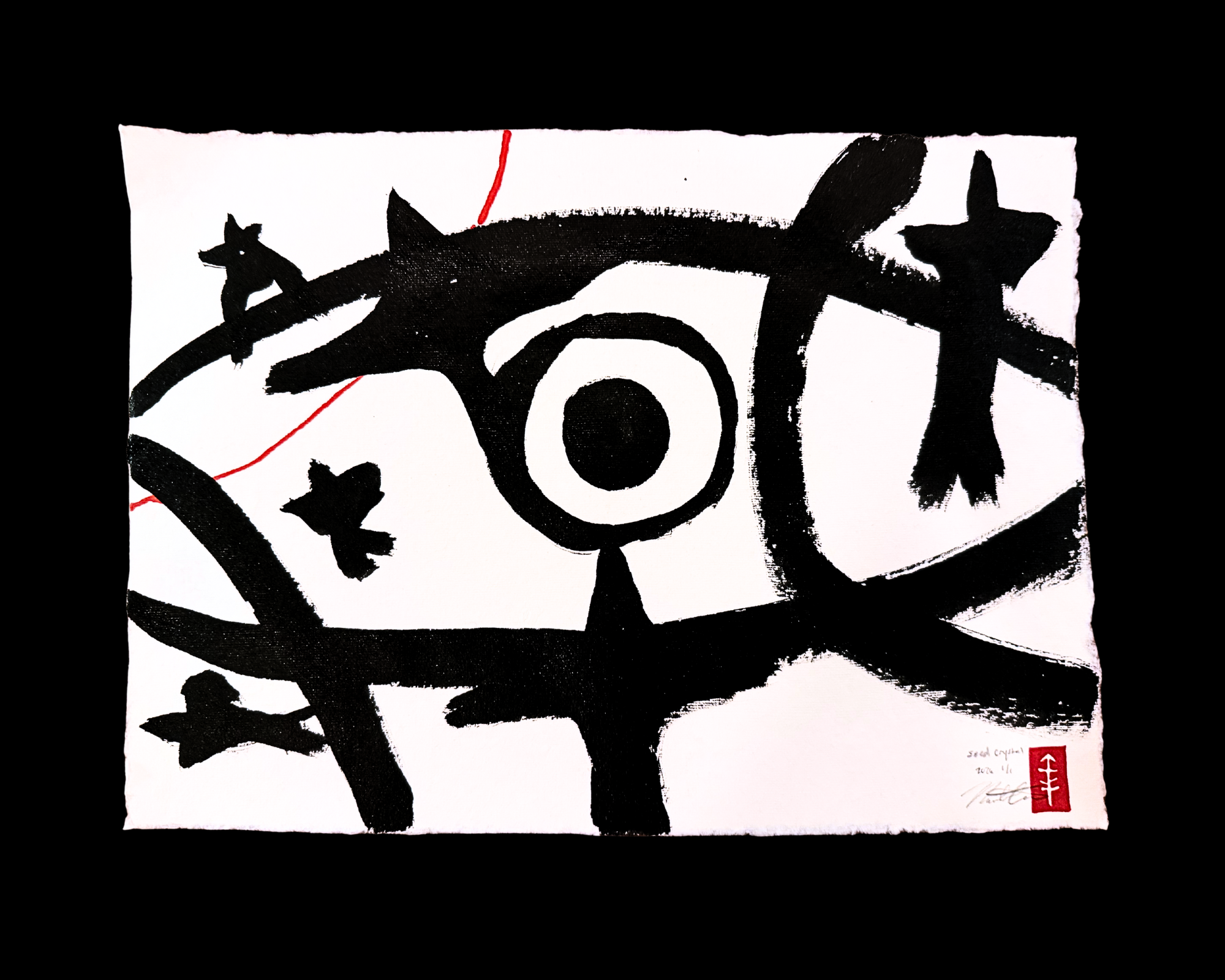 Abstract black ink painting with a central eye and various black shapes resembling birds and branches on a white background, with a red seal in the lower right corner.