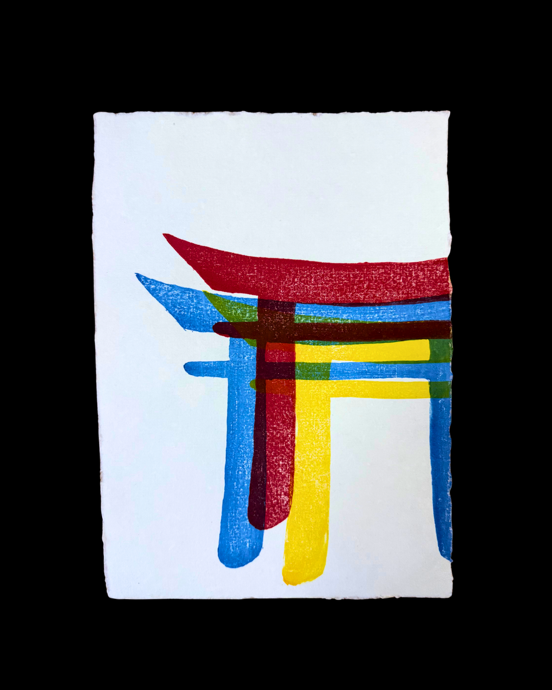 Abstract artwork with colorful overlapping rectangles and curved shapes on a white background.