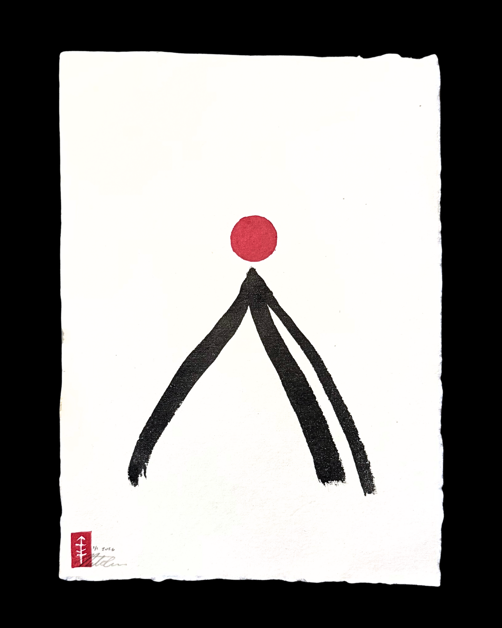Abstract Japanese art featuring a red circle above two black brushstrokes on white paper with red seal in the lower left corner.