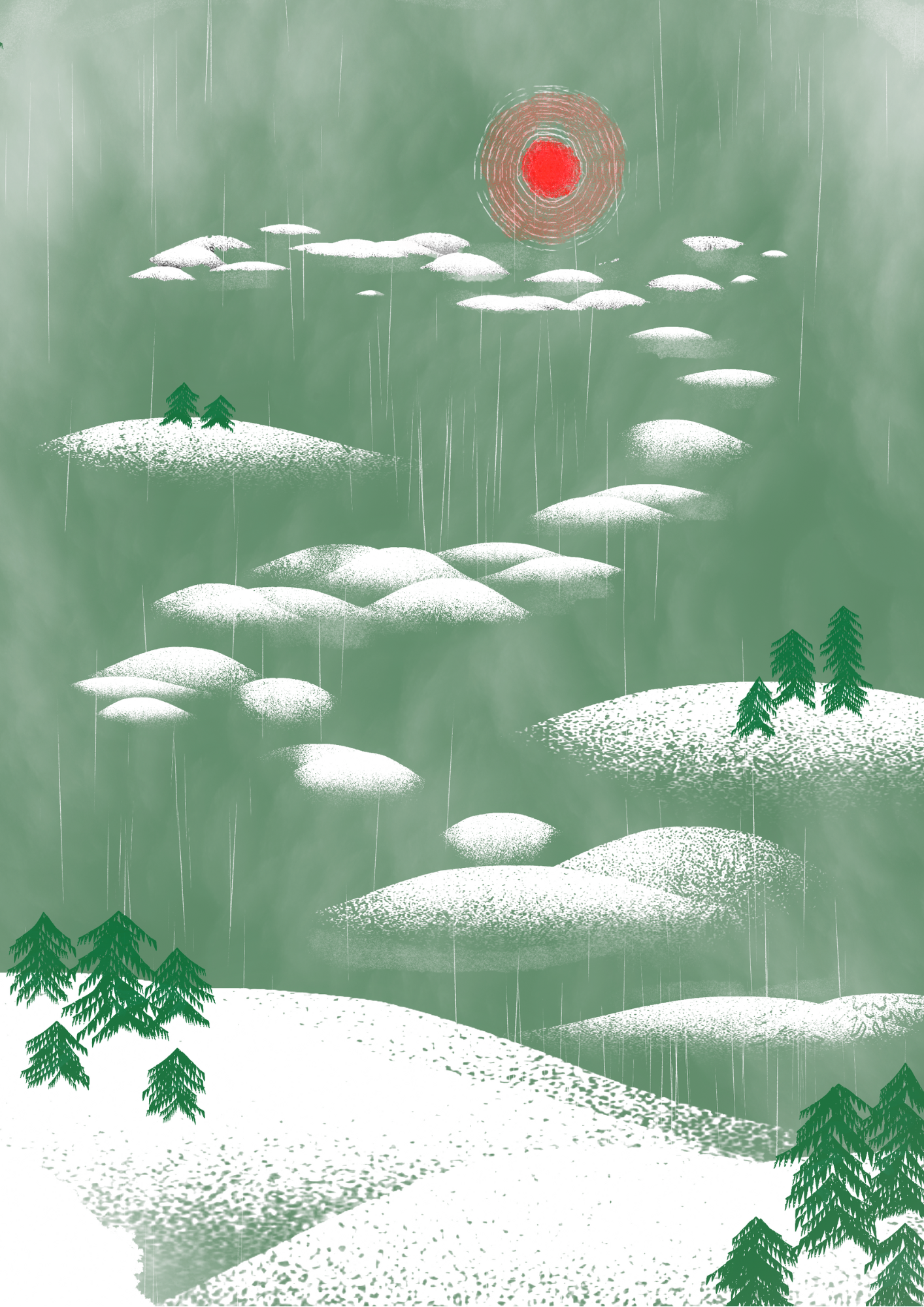 Rainy landscape with snow-covered hills, green pine trees, clouds, and a red sun or storm in the sky.
