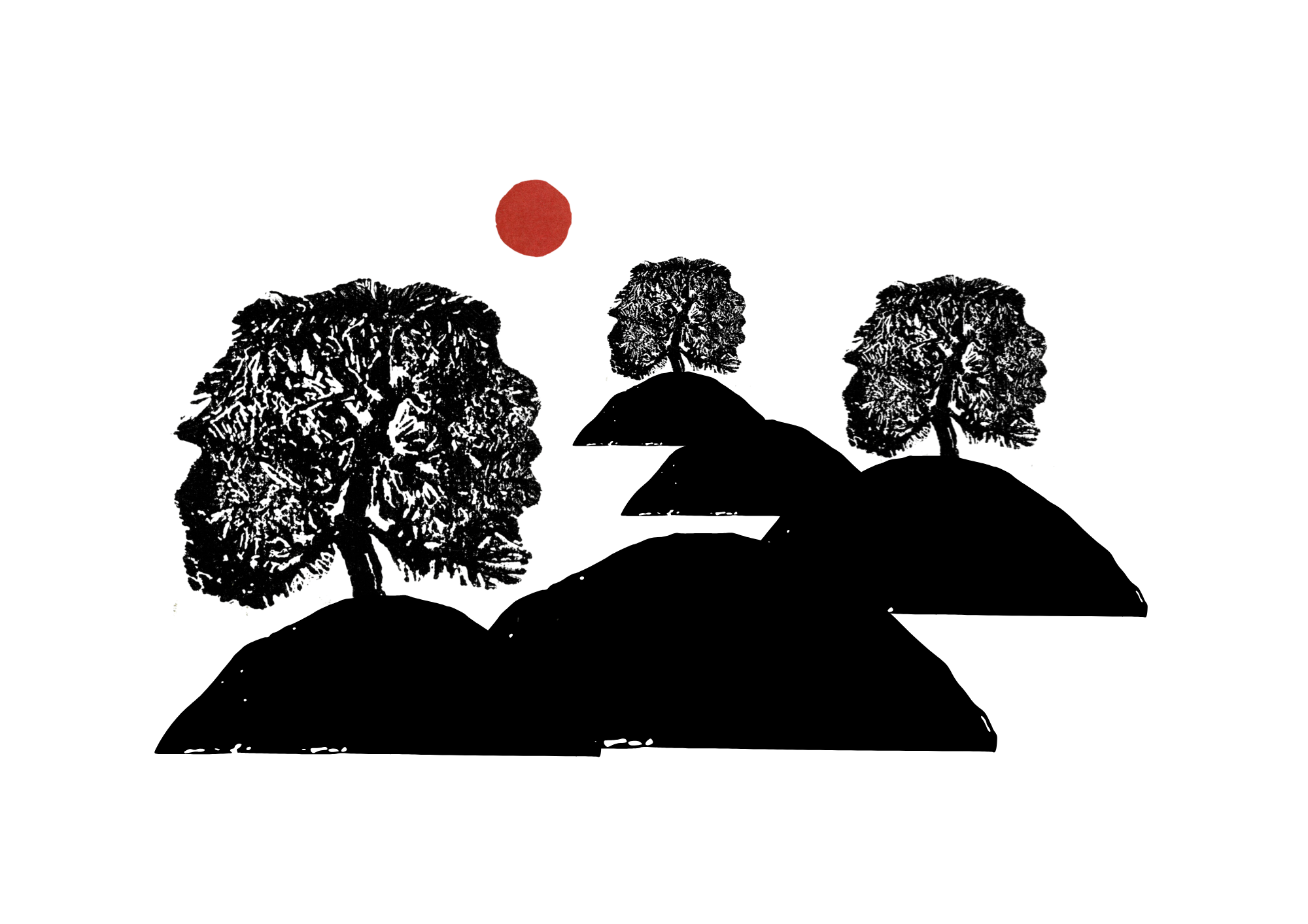 Black and white illustration of three trees on hills with a red circle representing the sun in the background.