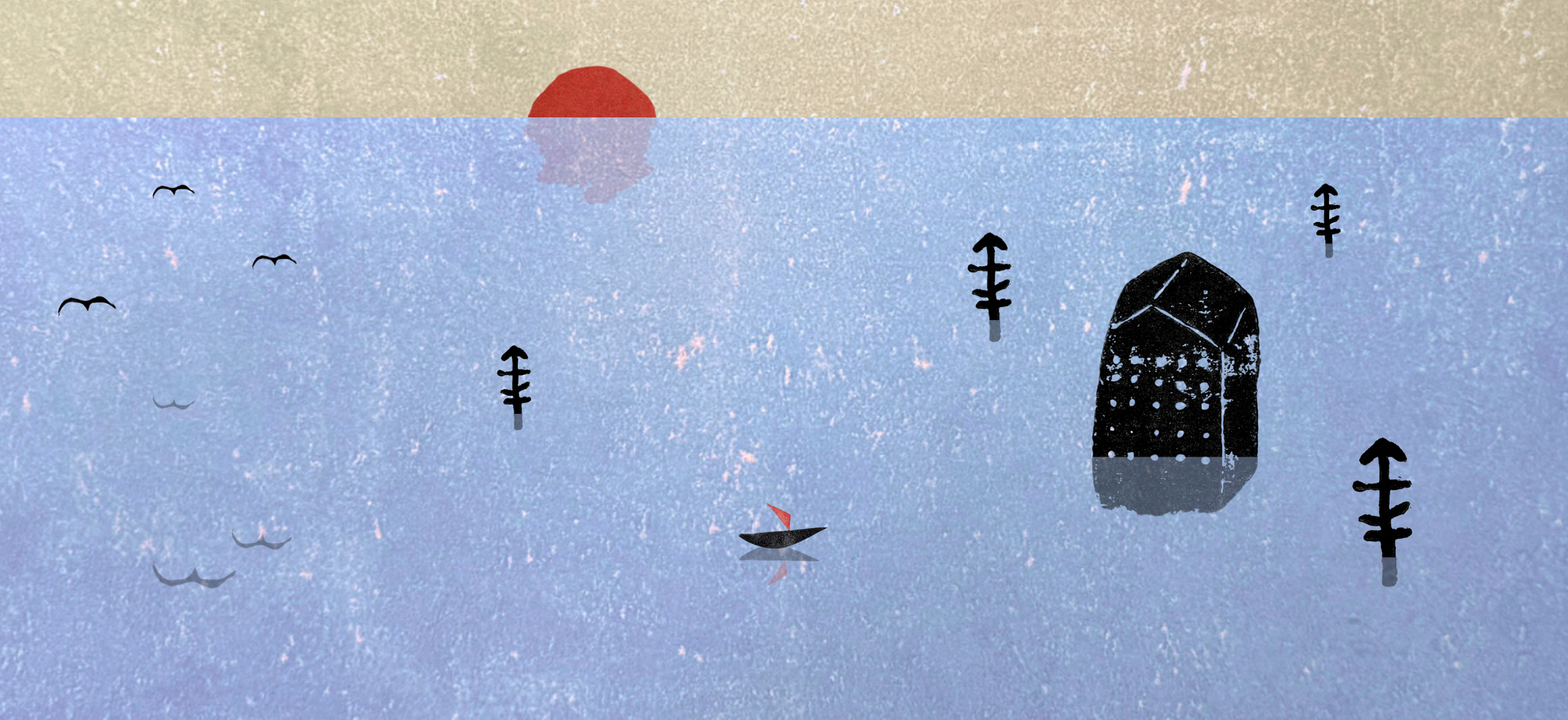 Minimalist illustration of a body of water with a small boat and sail, large black rocks, leafless trees, and a red sun in the sky, with a beige border at the top.