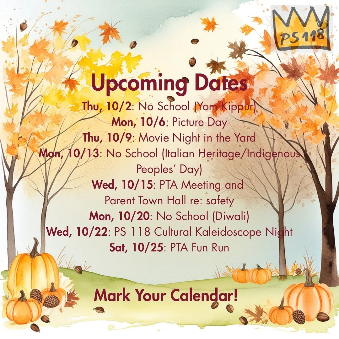 It may still feel like summer, but Fall is here! Save these October dates for important events and school closures. More details can be found in the PTA newsletter (PDF attachment on Teresa&rsquo;s email) or on our *new* website. Link in bio! 🍂🍁👻?