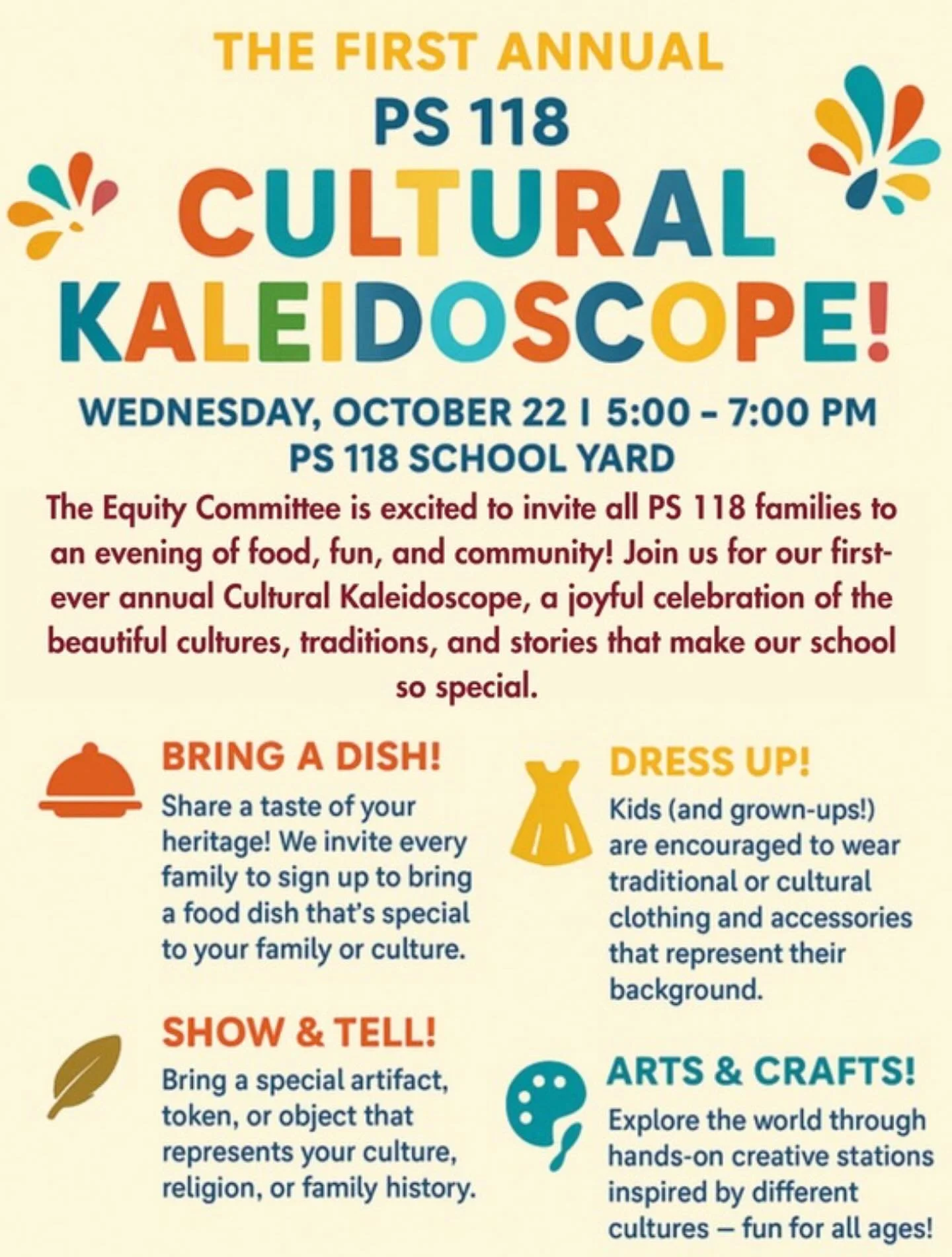 Can&rsquo;t wait to see you at our first ever Cultural Kaleidoscope on October 22! Here are some great ways that you can get involved. If you would like to sign up to bring a dish or suggest a song for our playlist, comment here and we will send you 