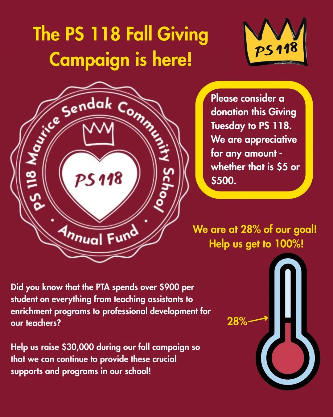 On this Giving Tuesday, we are asking you to donate what you can to keep PS 118 so special and wonderful for our kids. We also ask that you look into your company&rsquo;s matching program to boost your contribution. Link to donate is in stories and y