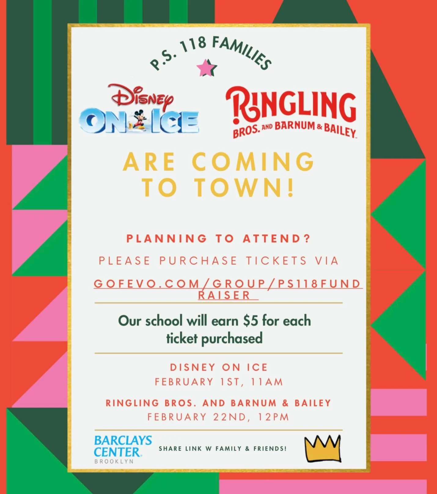 The PS 118 Social Committee proudly presents two fun opportunities for 118 families!  Tickets to Disney on Ice or the Circus make for great holiday gifts 🎁🎁 Link in bio to purchase!