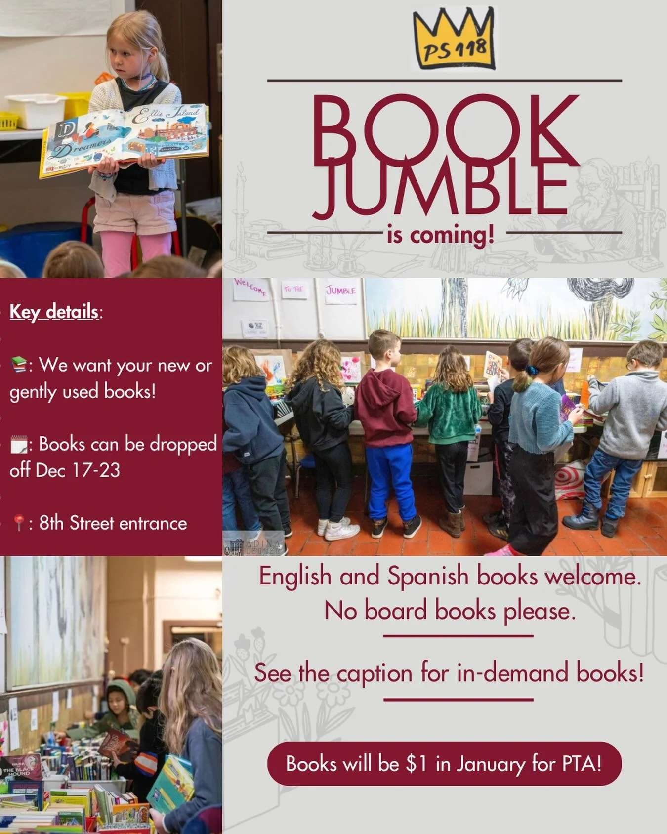 The Book Jumble is coming this January! In preparation, we are collecting your new or gently used books now through Dec 23. In-demand books include Pok&eacute;mon, Minecraft, Dogman, Wimpy Kid, Magic Treehouse, Junie B. Jones, Dork Diaries, and any g