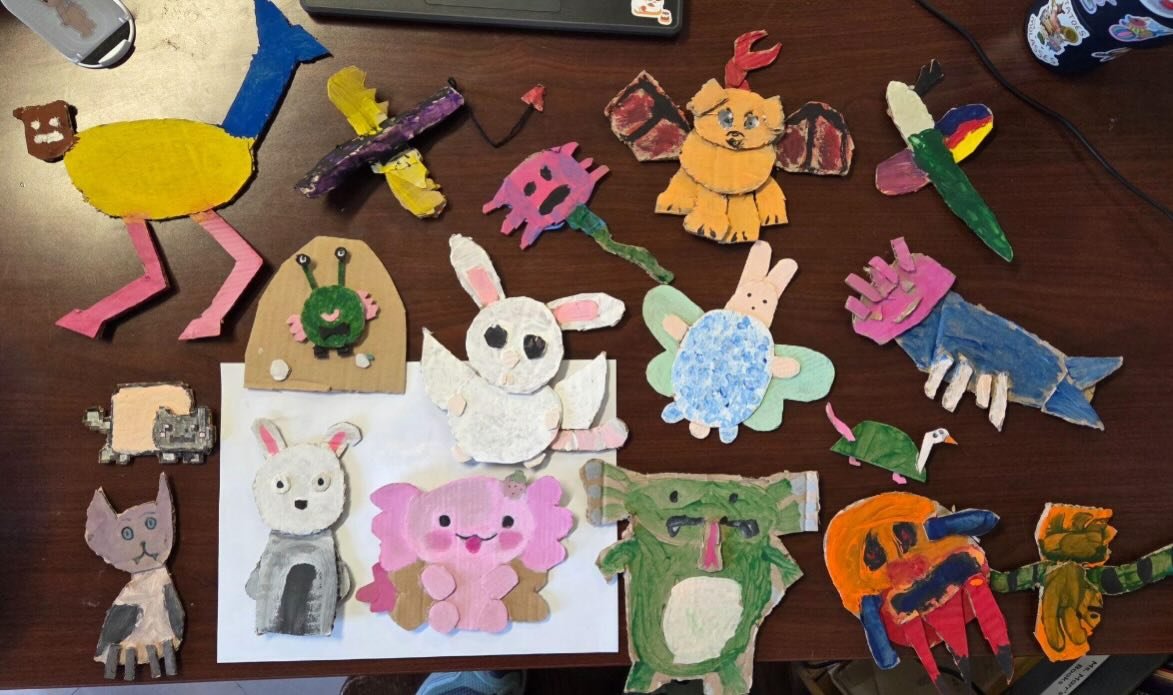 The 5th grade created alebrije designs with art teacher, Ms. Marr.  Alebrijes are brightly colored Mexican folk art sculptures, depicting fantastical creatures or familiar animals.