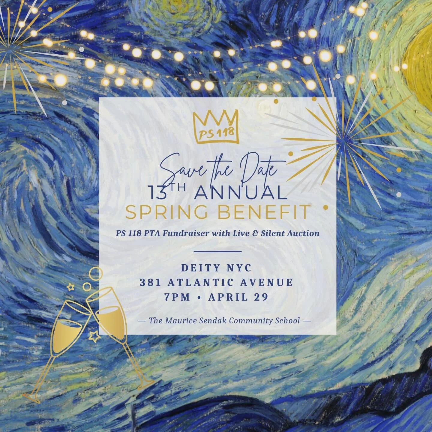Spring is on the way! Join PS 118 for our 2026 Annual Spring Benefit, our largest and most impactful fundraiser to support our students to reach for the stars!

APRIL 29, 7 PM @deitybrooklyn 
Festive attire!
Food, Drinks, Live Auction and Dancing!
Ti